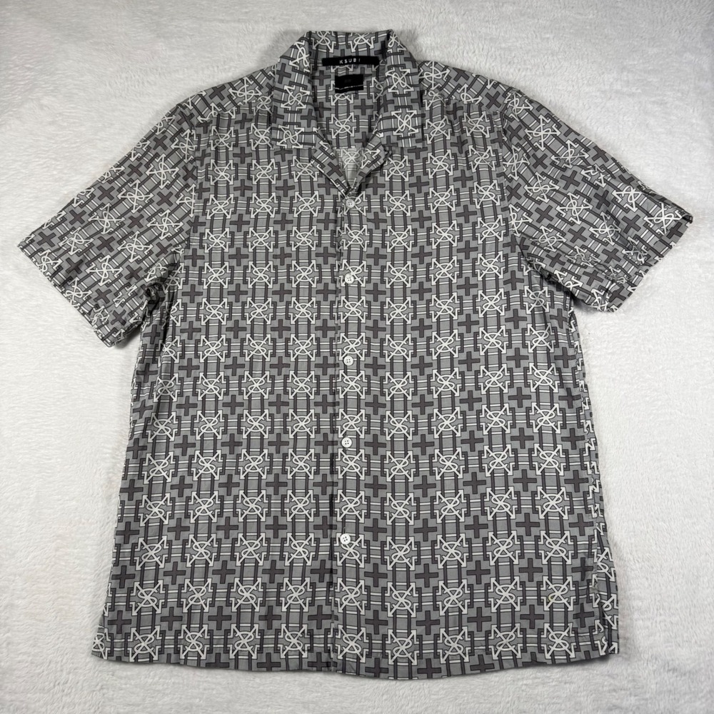 Ksubi Button Down Mens Medium Grey Monogram Tencel Short Sleeve Shirt Streetwear